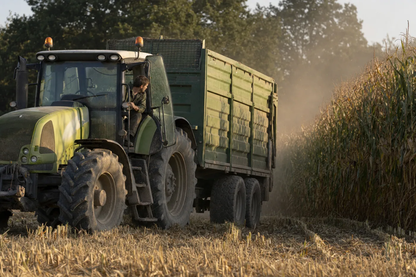 A tractor and grain trailer waiting at the edge of a field being cut