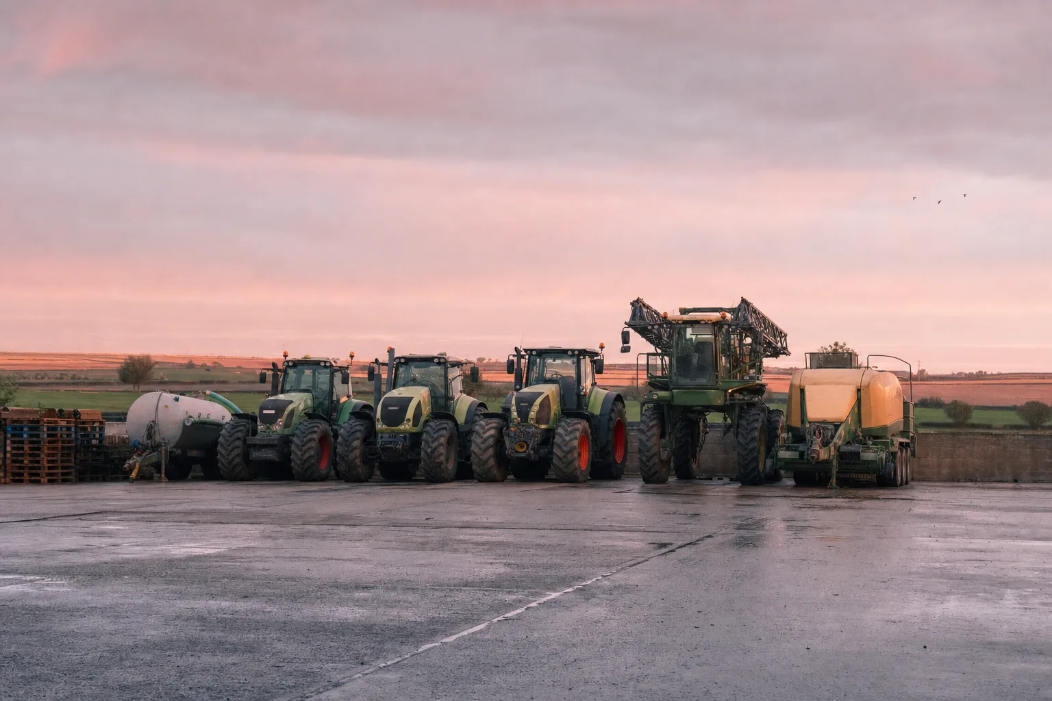 Tractors, a sprayer and a baler parked in a contractor's yard at first light